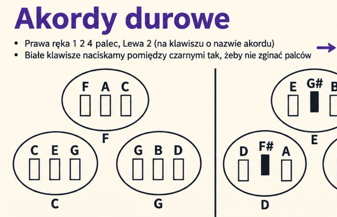 Plansza „Akordy durowe”: układ palców prawej ręki na klawiaturze dla akordów F, C, G i D