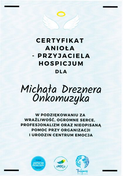 Skan certyfikatu Anioła, Przyjaciela Hospicjum, dla Michała Dreznera