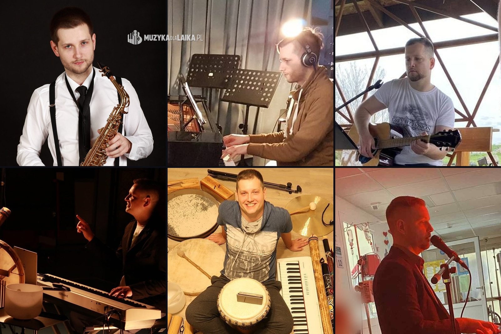 Kolaż sześciu zdjęć Michała Dreznera z instrumentami: saksofon, fortepian, gitara, keyboard, bębny i śpiew przy mikrofonie