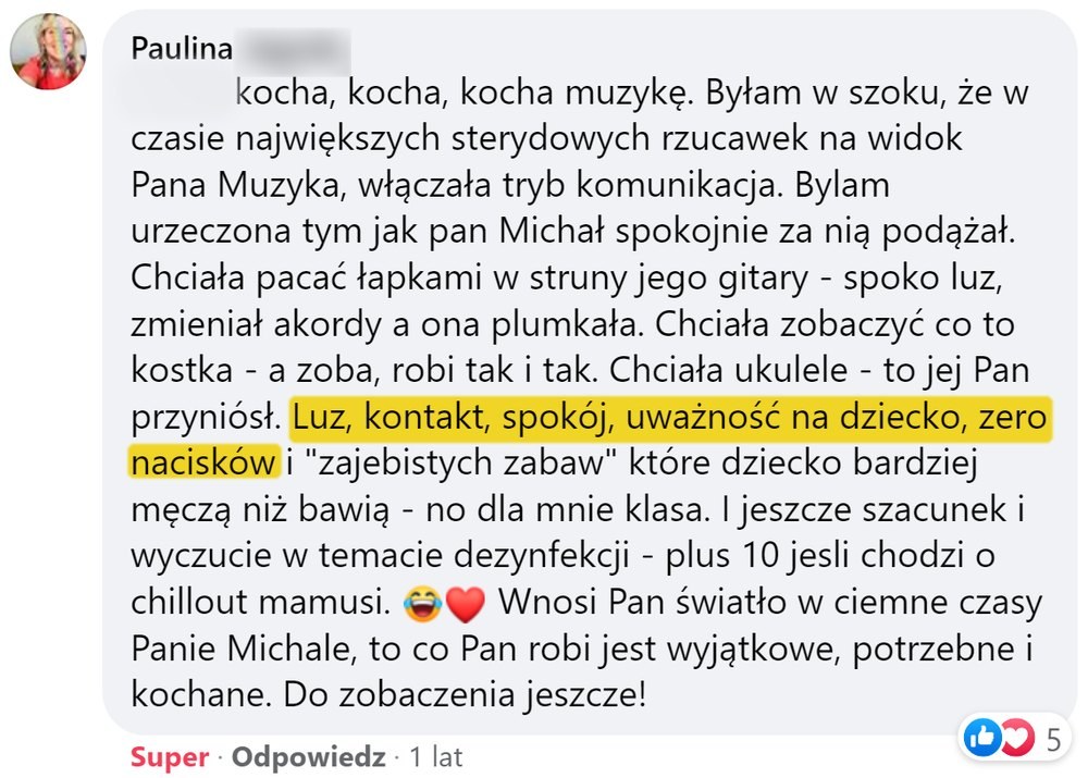 Opinia: Paulina, fragment komentarza na Facebooku: „Luz, kontakt, spokój, uważność na dziecko, zero nacisków”