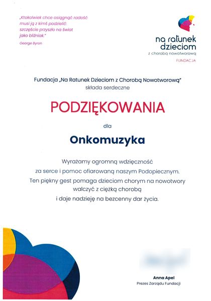Skan podziękowania Fundacji Na Ratunek Dzieciom z Chorobą Nowotworową dla Michała Dreznera