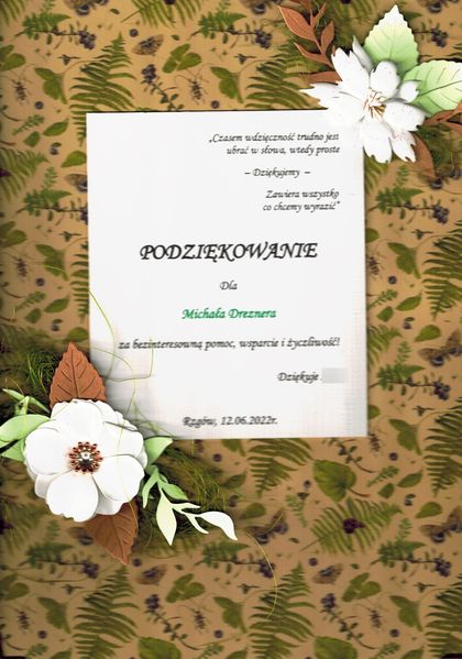 Skan odręcznie złożonego podziękowania dla Michała Dreznera, Rzgów 2022