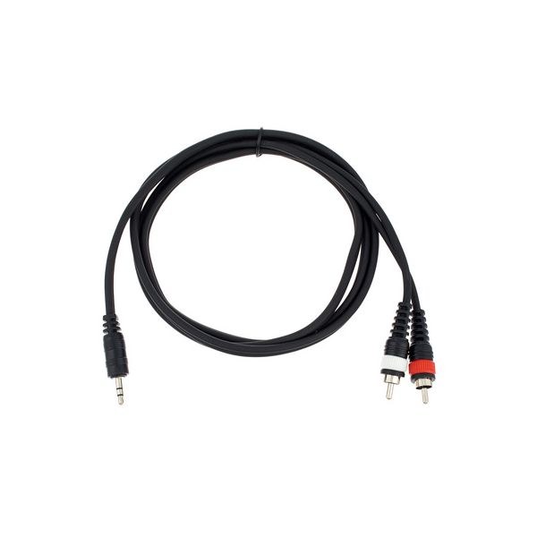 Czarny kabel audio typu Y z wtyczką jack 3,5 mm i dwiema końcówkami RCA
